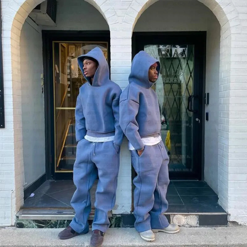 Relaxed Fit Solid Color Hoodie & Trousers Set | Streetwear