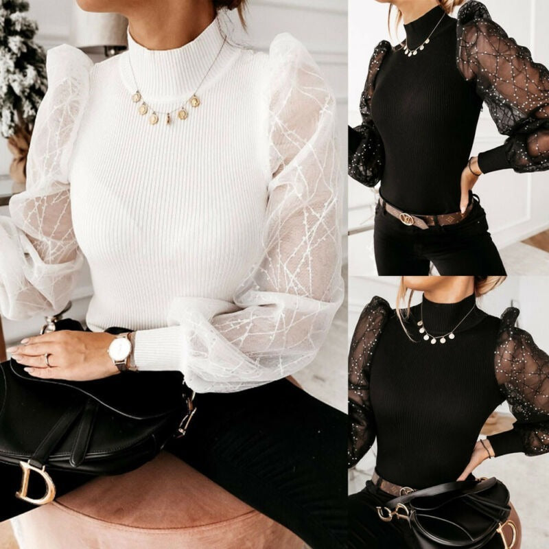 Puff Sleeve Mesh Polka Dot Turtleneck Pullover Top | Streetwear