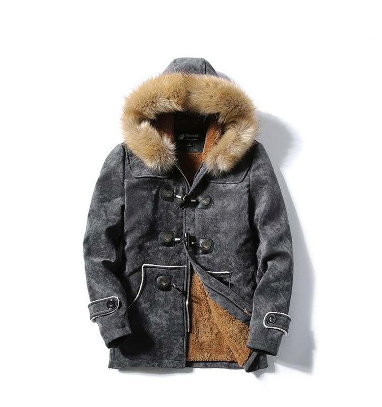 Men's Velvet Leather Coat with Furry Collar and Horn Buckle