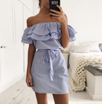 Striped Ruffled Sleeve Off-Shoulder Dress for Women