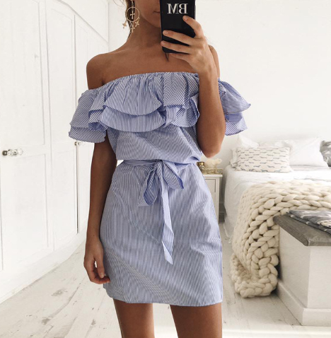 Striped Ruffled Sleeve Off-Shoulder Dress for Women