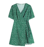 2020 Spring Summer Women's Floral Green Wrap Dress