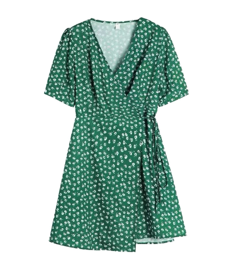 2020 Spring Summer Women's Floral Green Wrap Dress