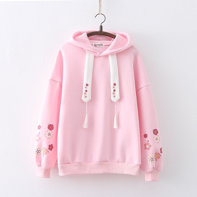 Plum Blossom Print Hooded Sweatshirt for Girls | Streetwear