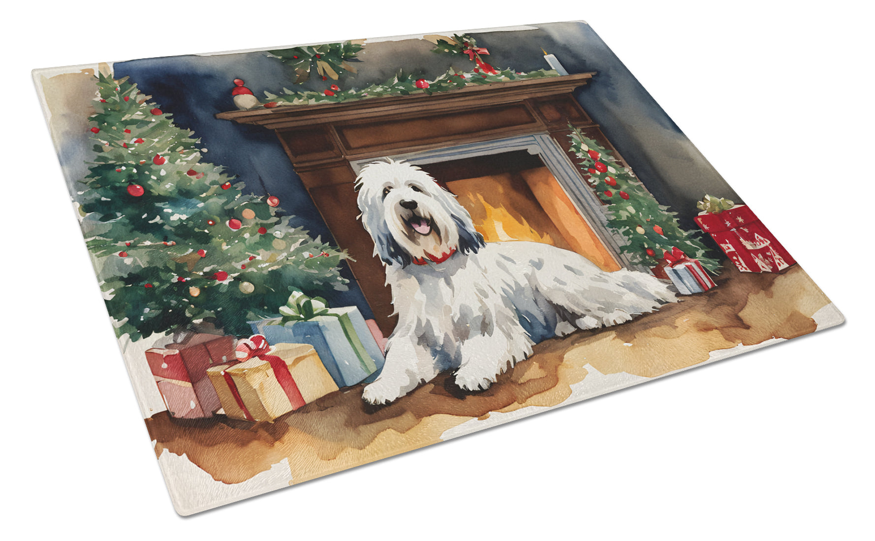 Old English Sheepdog Cozy Christmas Glass Cutting Board