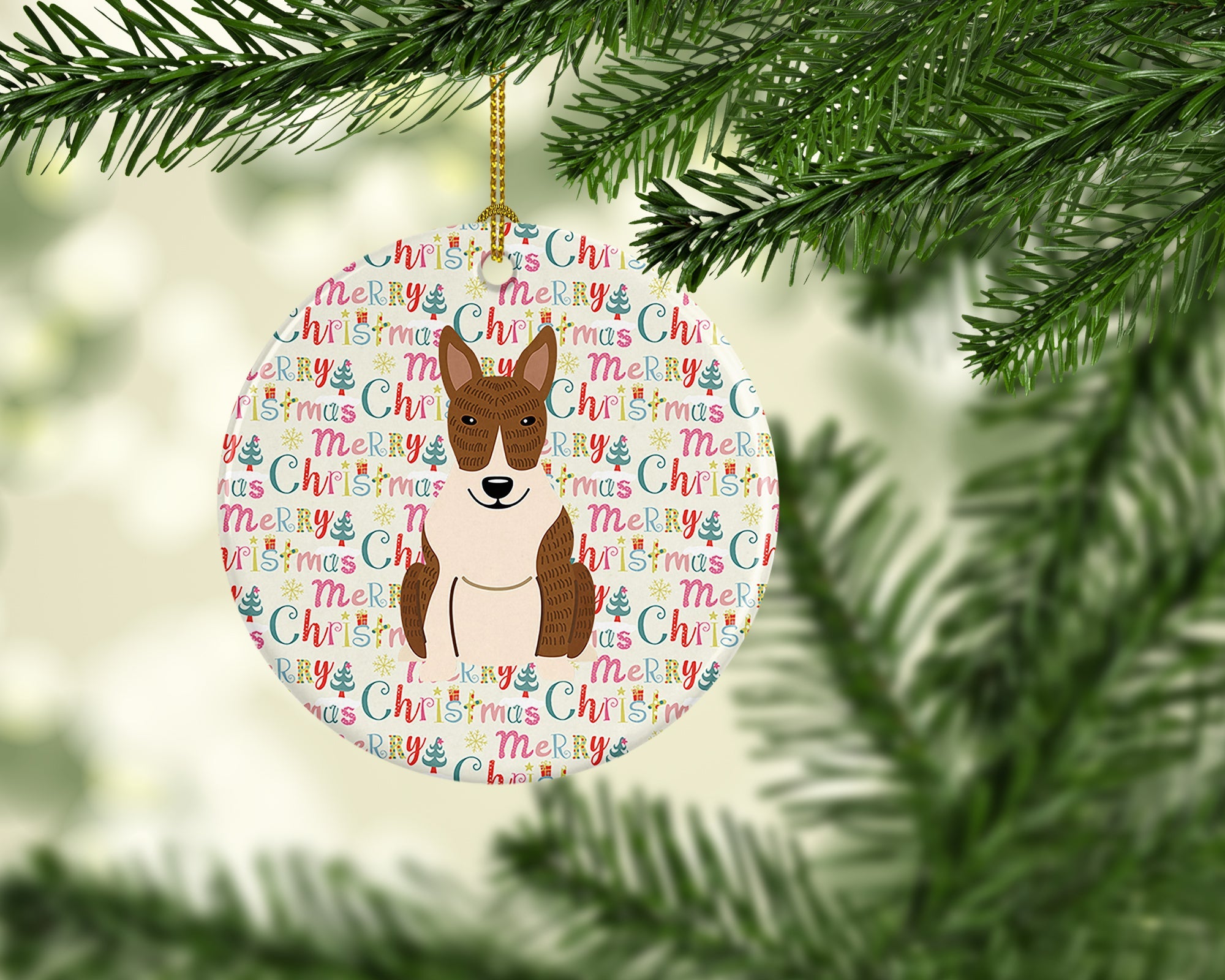 Merry Christmas Bull Terrier Brindle Ceramic Ornament