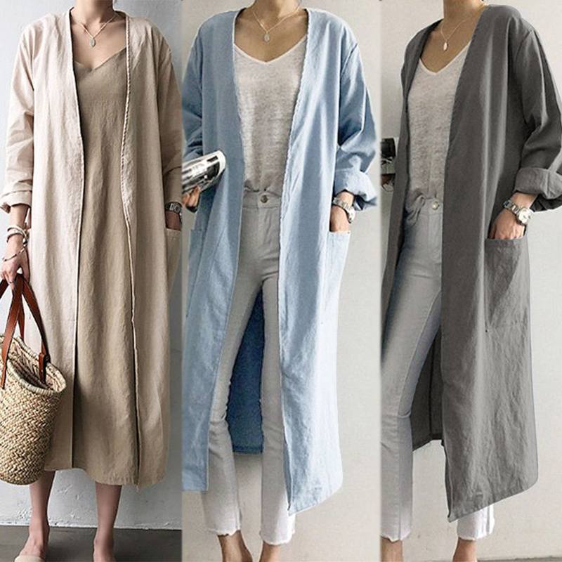 Casual Cotton-Linen Long Over-the-Knee Trench Coat