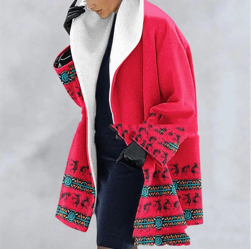 Thick Woolen Print Hooded Loose Medium Coat