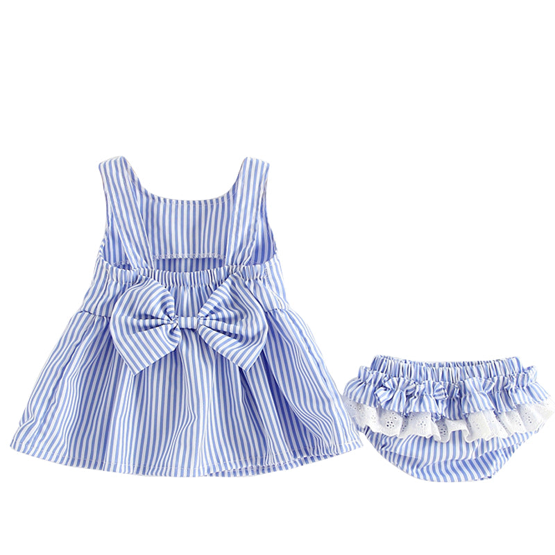 Summer Girls' Cotton Striped Dress and Shorts Set