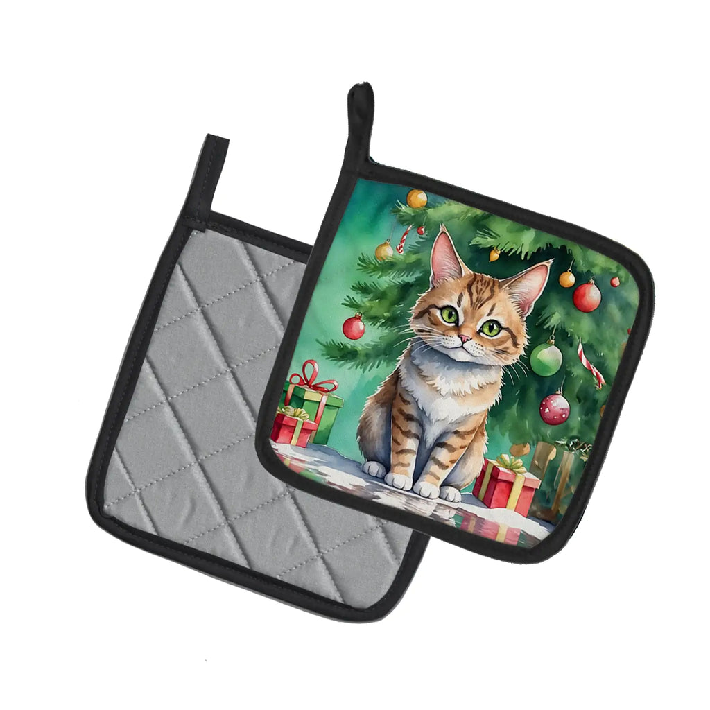 Pixie Bob Cat By the Christmas Tree Pair of Pot Holders