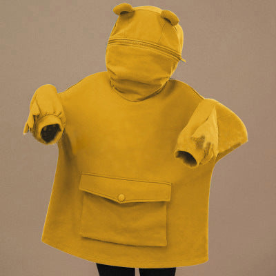 Mid-Length Fleece Sweater with Frog Hood for Women