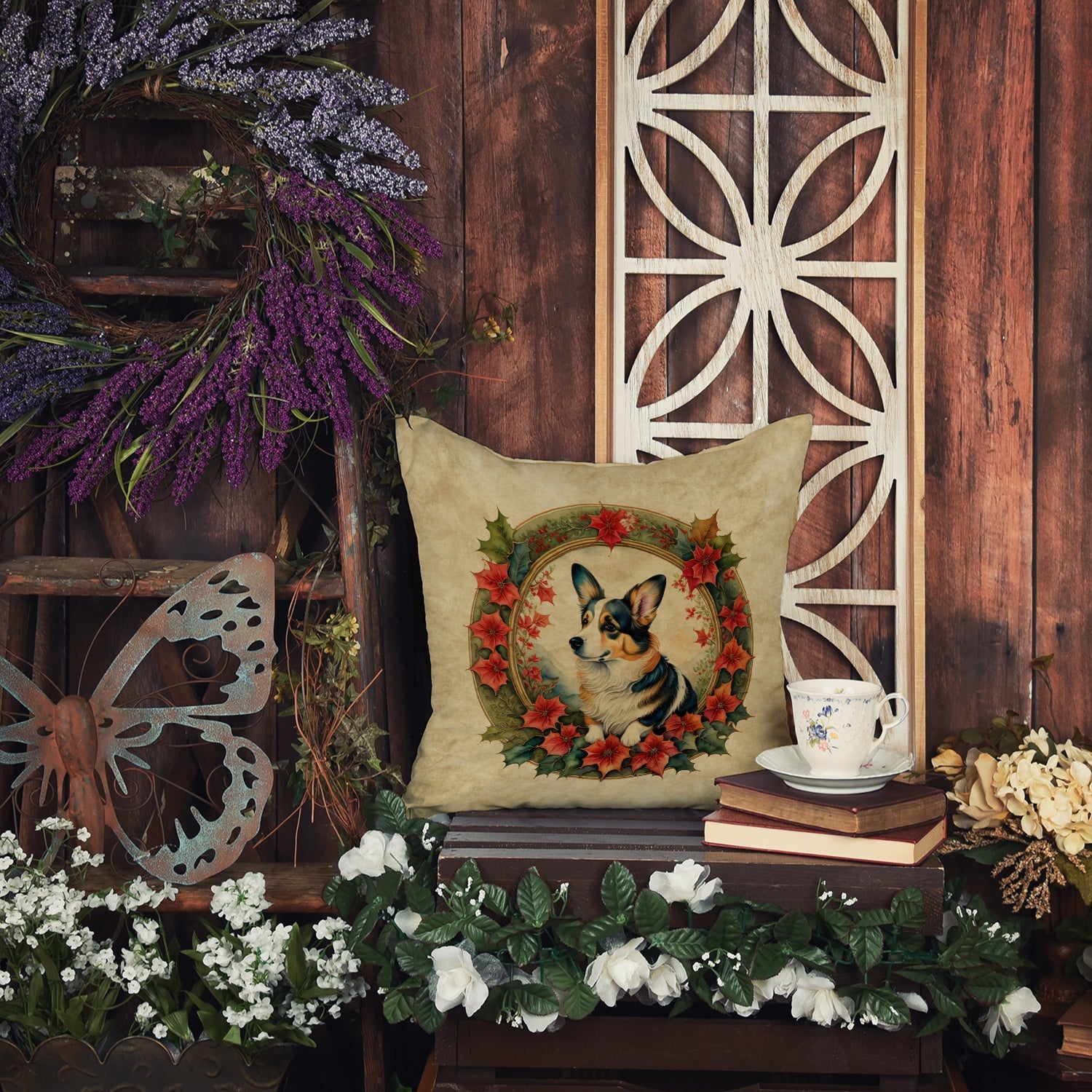 Corgi Christmas Flowers Throw Pillow