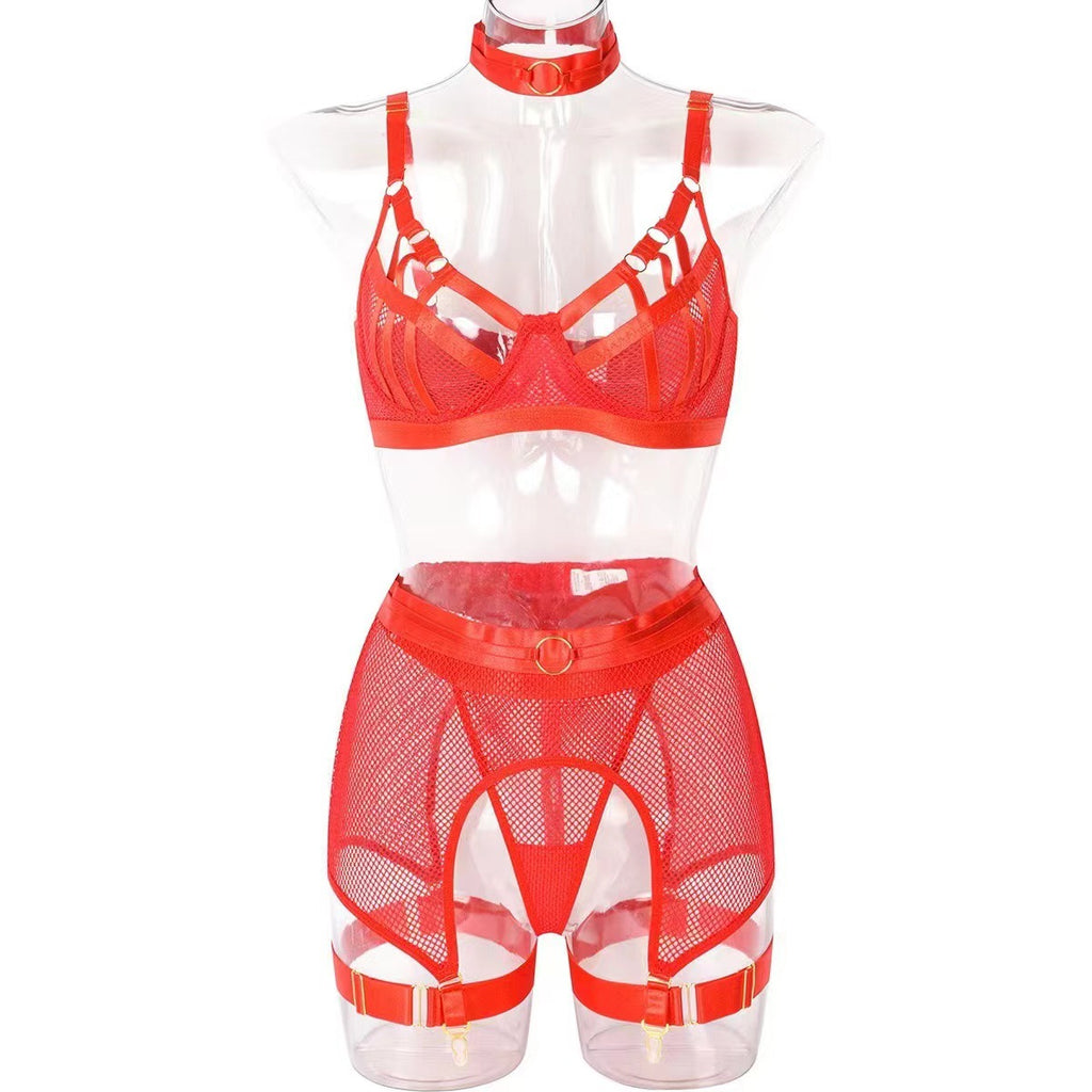 Fashionable Hollow Lace Lingerie Set with Metal Accents