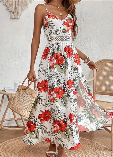 Floral Print Spaghetti-Strap High-Slit Maxi Dress