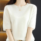 Women's Slim Fit Short-Sleeve Wool Cotton Blend Sweater