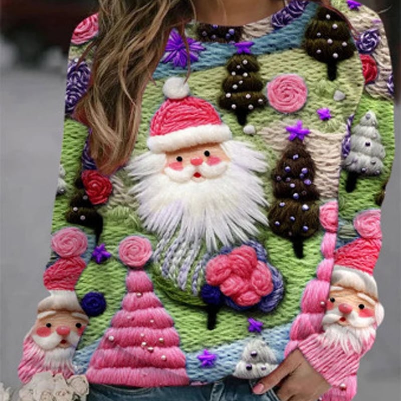 3D Digital Print Christmas Round Neck Top for Winter