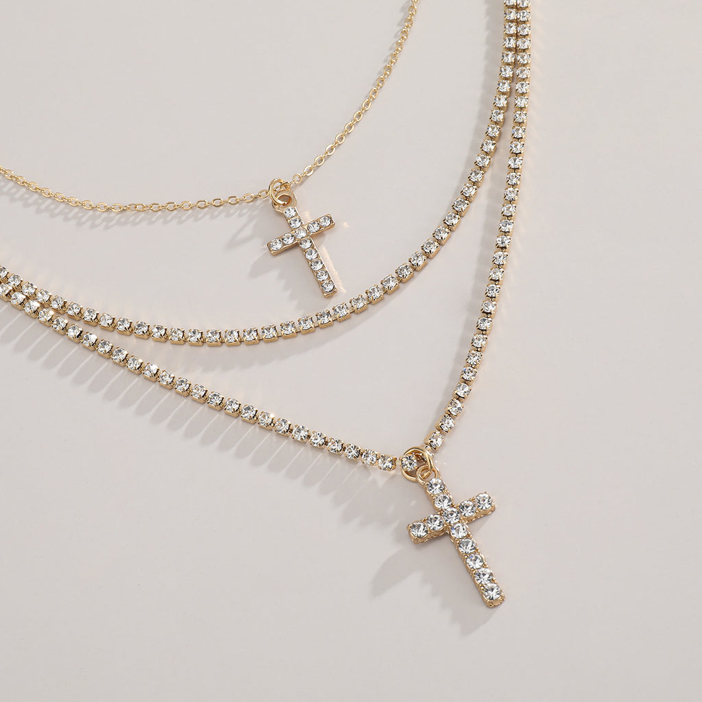 Creative Cross Necklace with Glass Rhinestones Layers