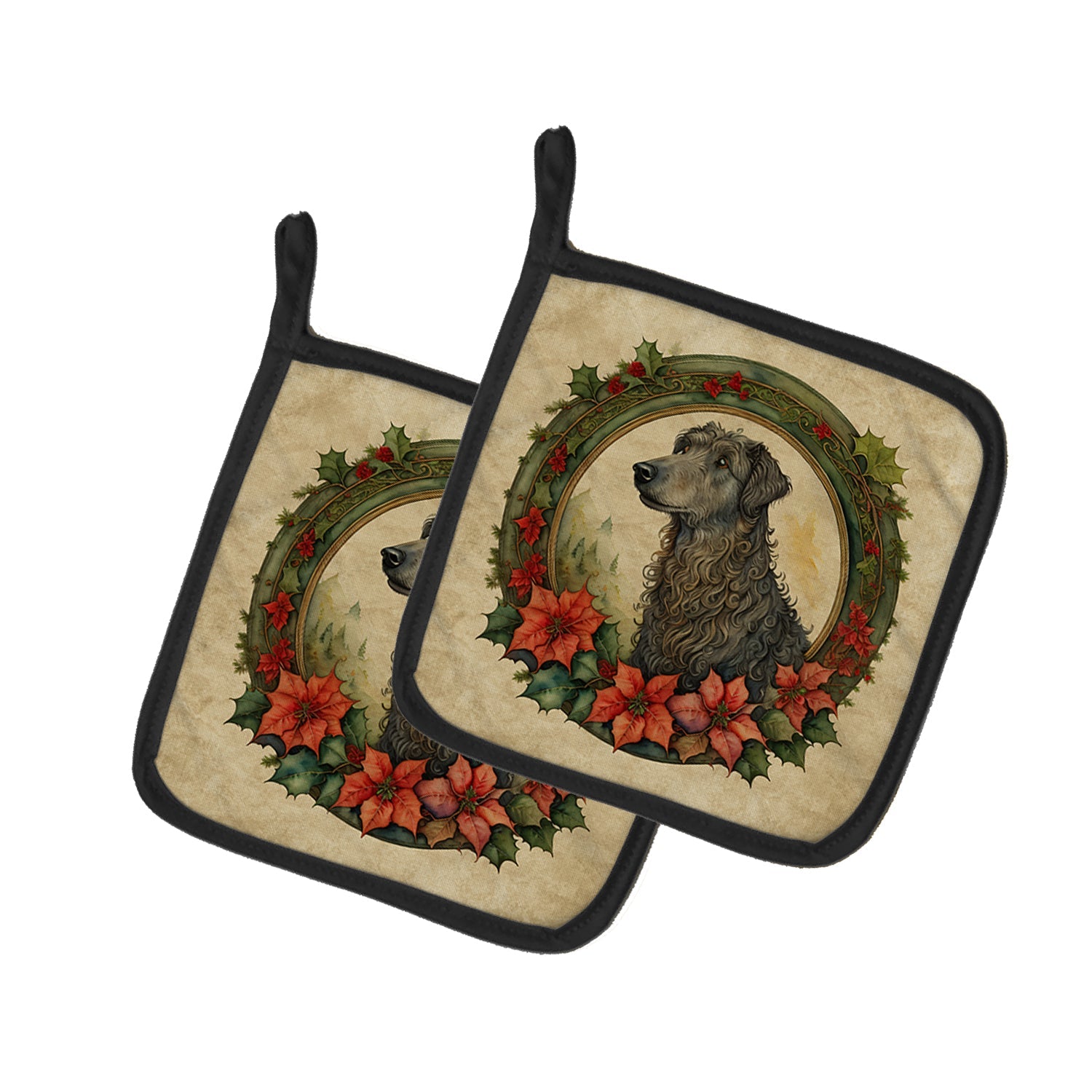 Scottish Deerhound Christmas Flowers Pair of Pot Holders