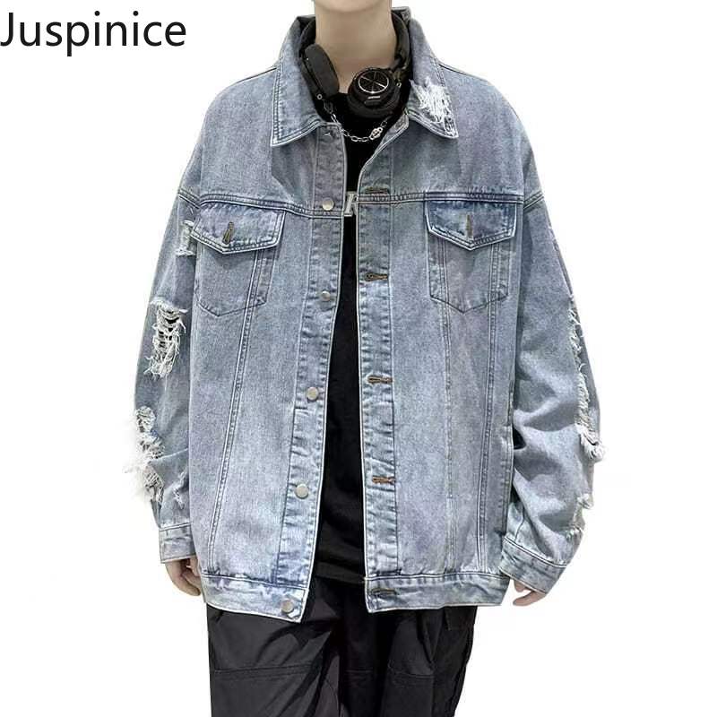 Men's Casual Oversized Ripped Denim Jacket for Spring/Fall