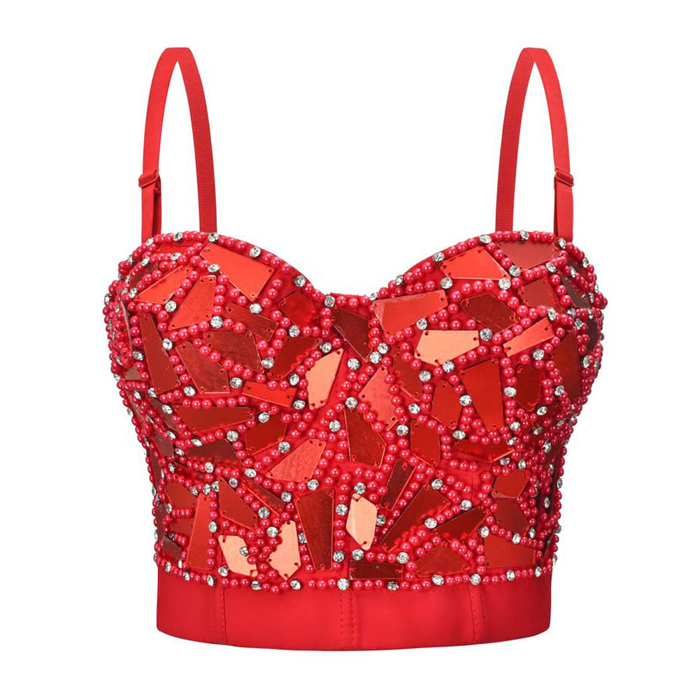 Sequin Cropped Tank Top with Rhinestones and Pearls