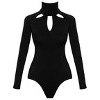 Sexy Black Long-Sleeved Hollow Out Bodysuit for Women