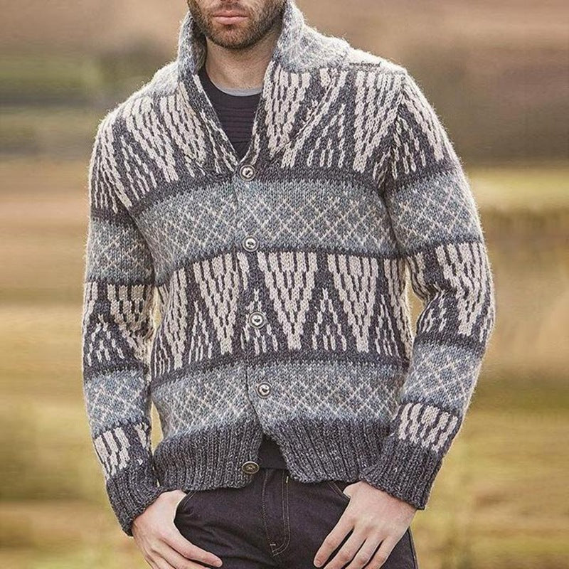 Geometric Jacquard Long-Sleeved Cardigan for Fall/Winter