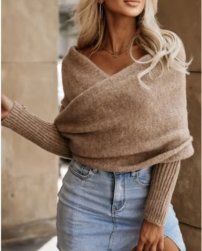 V-Neck Crossover Off-Shoulder Sweater - Multi-Color Trend