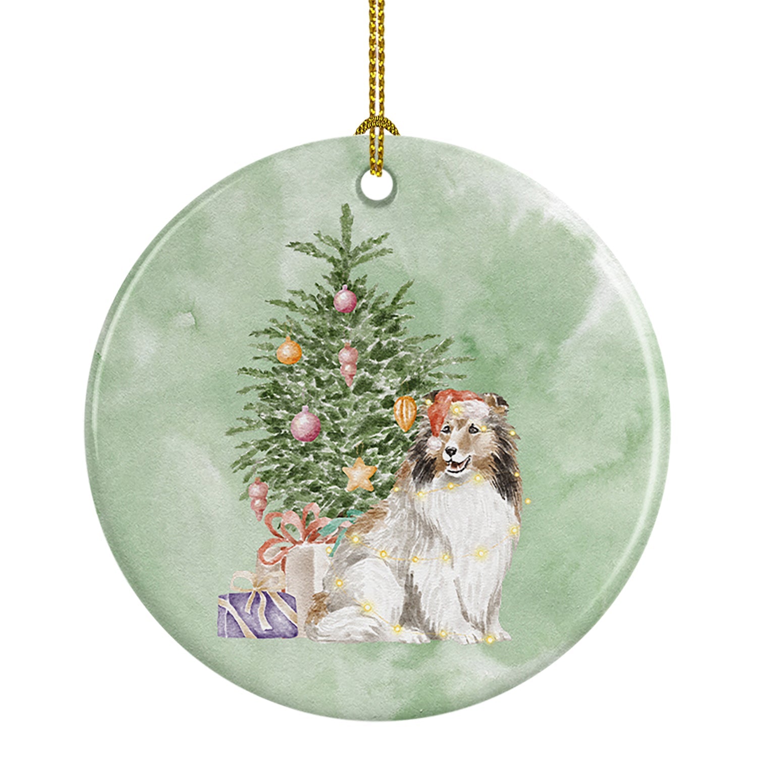 Sheltie Christmas Presents and Tree Ceramic Ornament