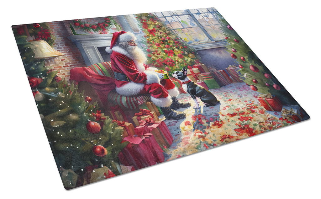 Boston Terrier and Santa Claus Glass Cutting Board
