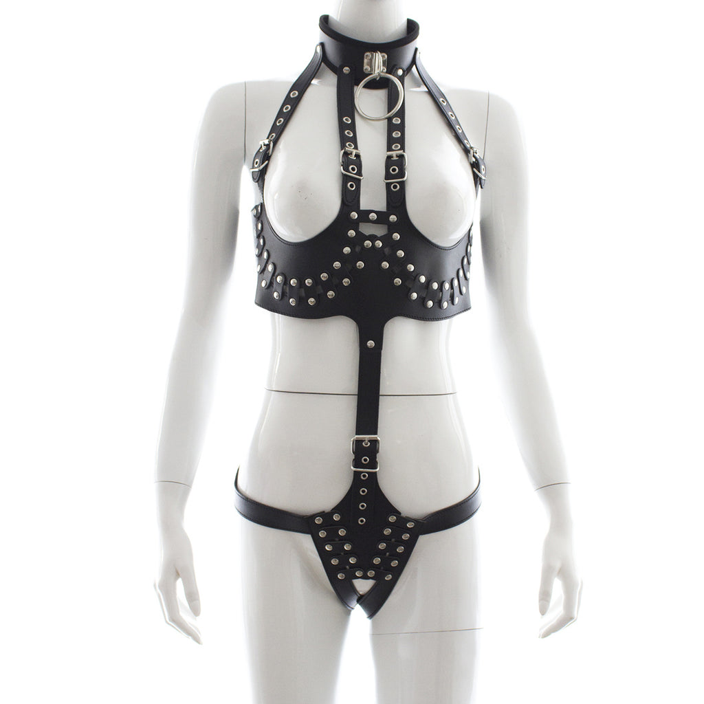 Black Leather Bodysuit with Open-Breast Design