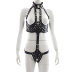 Black Leather Bodysuit with Open-Breast Design