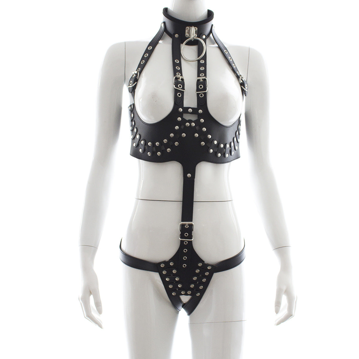 Black Leather Bodysuit with Open-Breast Design
