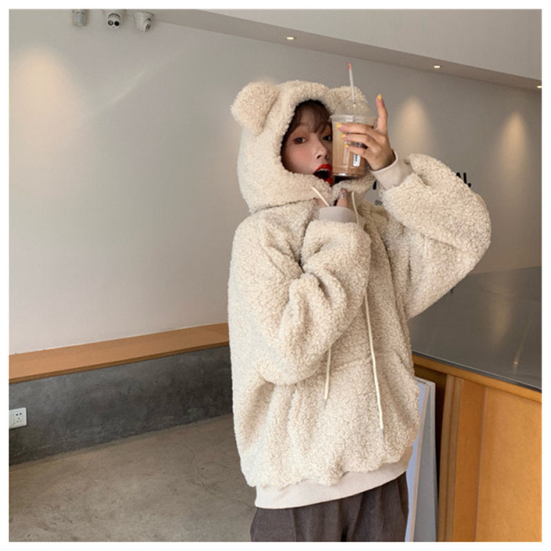 Women's Cozy Lamb Wool Coat with Bear Ears