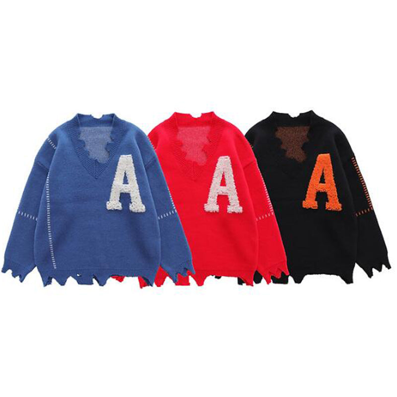 V Neck Embroidered Frayed Hem Sweater for All Seasons