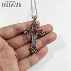 Silver Gothic Cross Necklace with Red Crystals