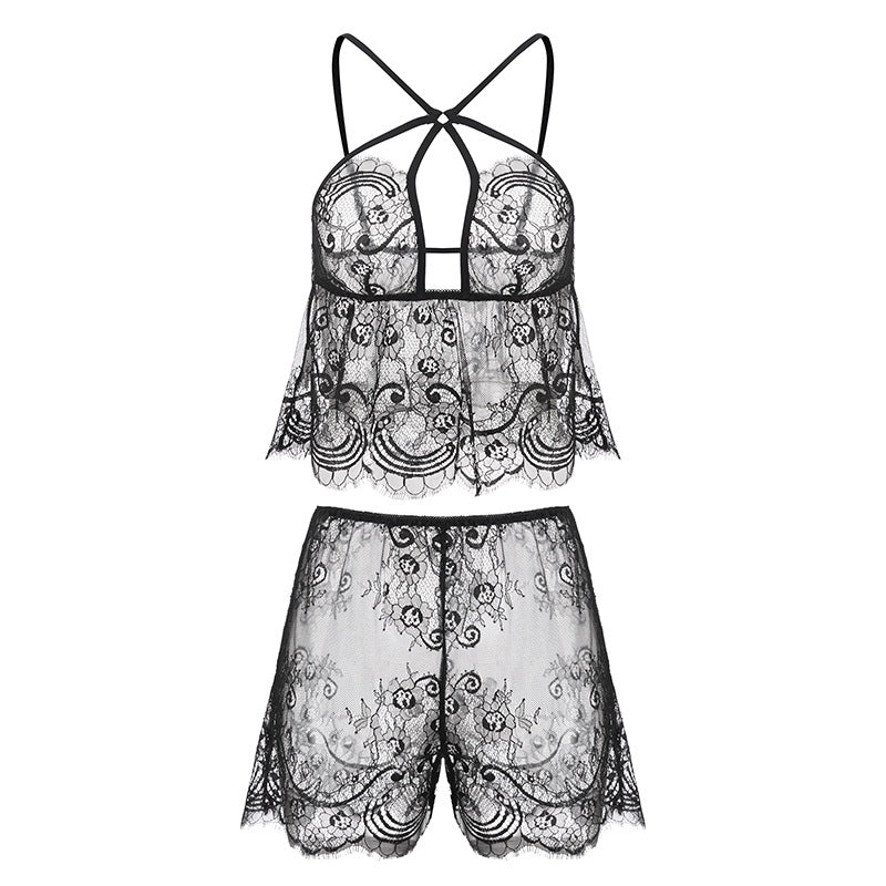 Lace Sleepwear Set with Backless Design and Shorts
