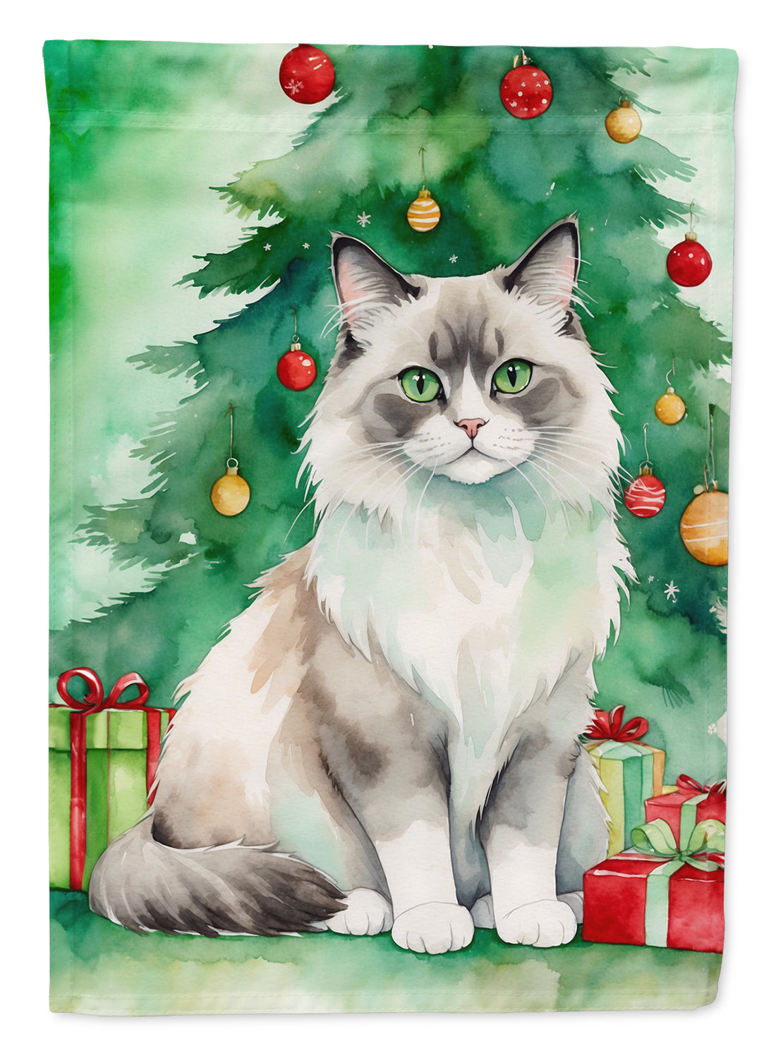 Ragdoll Cat By the Christmas Tree House Flag