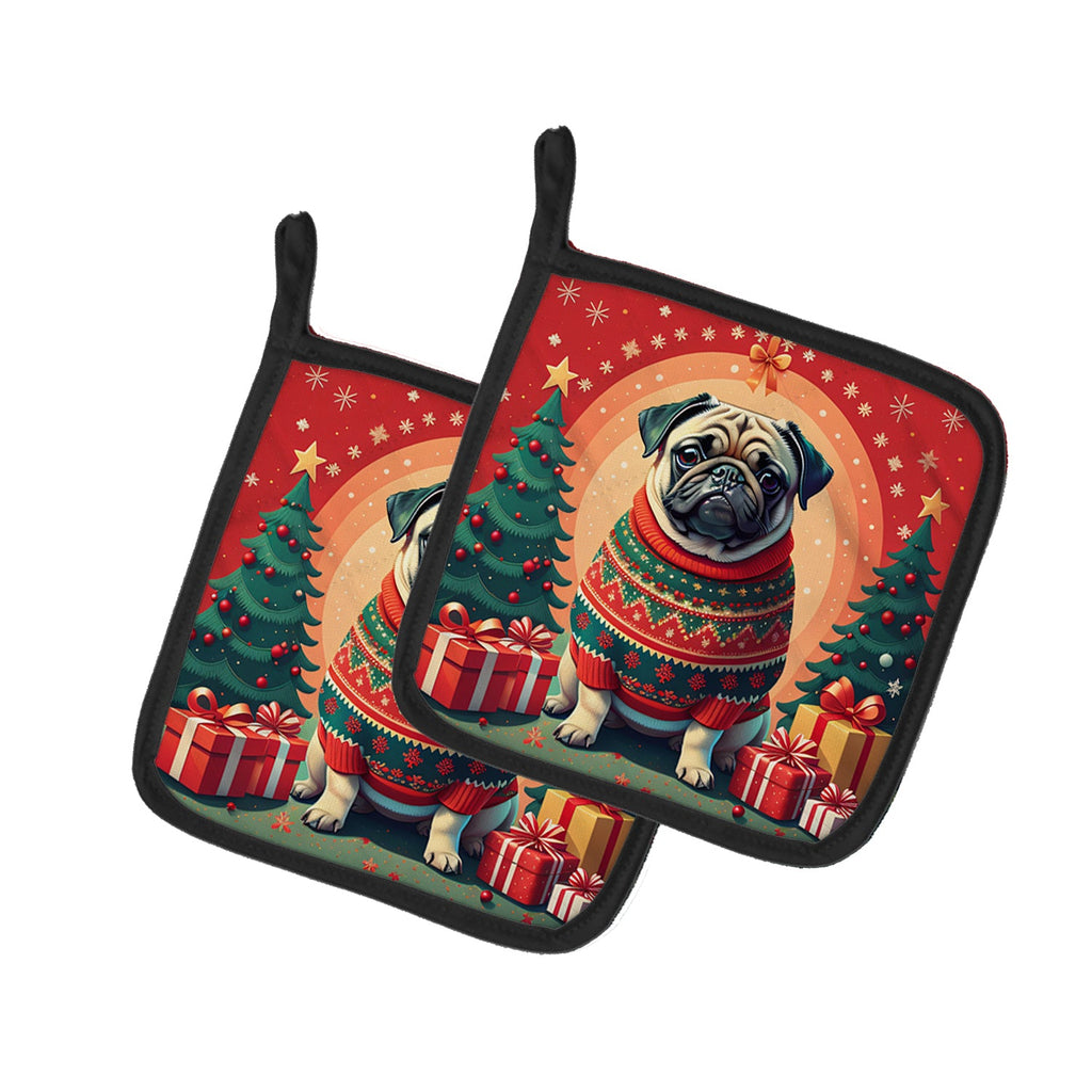 Fawn Pug Christmas Pair of Pot Holders