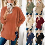 Loose Wool Knit Pullover Top with Side Slit and Long Sleeves | Streetwear