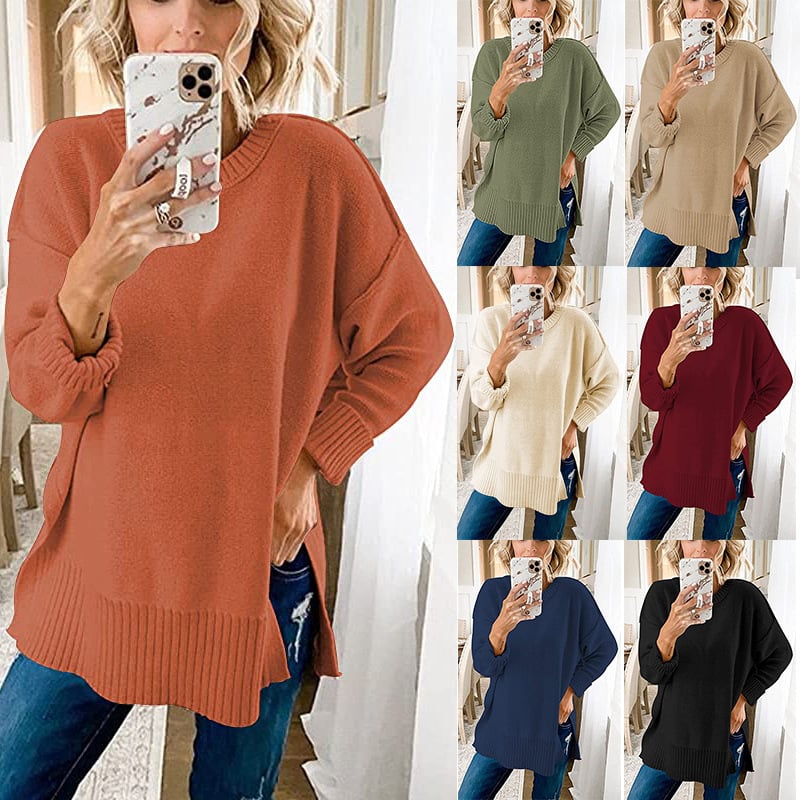 Loose Wool Knit Pullover Top with Side Slit and Long Sleeves | Streetwear