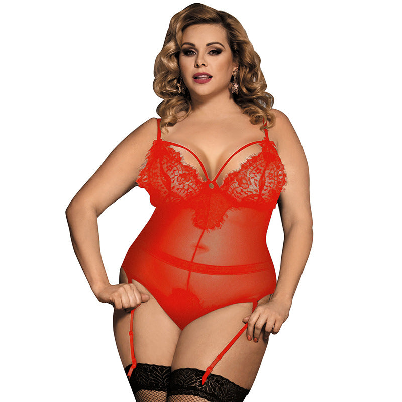 Plus Size Lace Lingerie with Garters and Open Cups