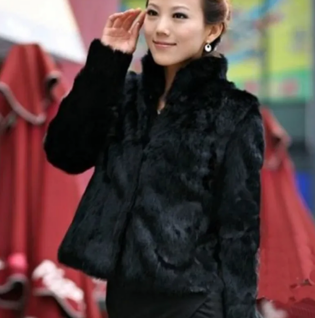 Stand-Collar Long-Sleeve Fur Coat