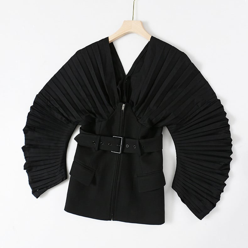 V-neck Pleated Sleeve Top and Waist Coat