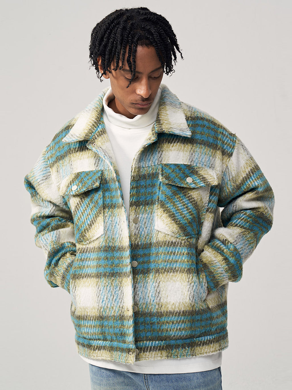 Coarse Checked Wool Clip Shirt Jacket for Loose Fit