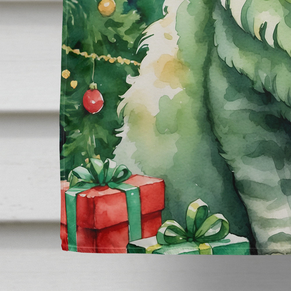 Selkirk Rex Cat By the Christmas Tree House Flag