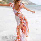 Chiffon Maxi Dress with Printed Ruffle One Piece Swimsuit