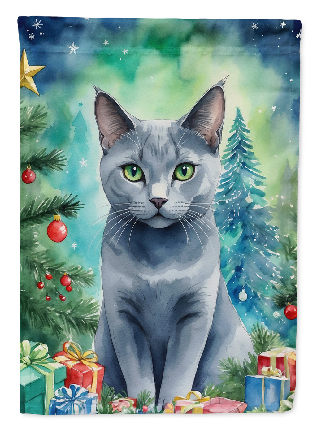 Russian Blue Cat By the Christmas Tree Garden Flag
