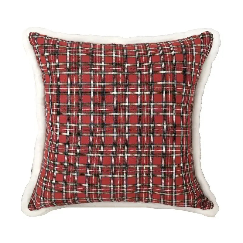 Christmas Red Plaid Pillow Case 18x18in with Rabbit Fur Trim