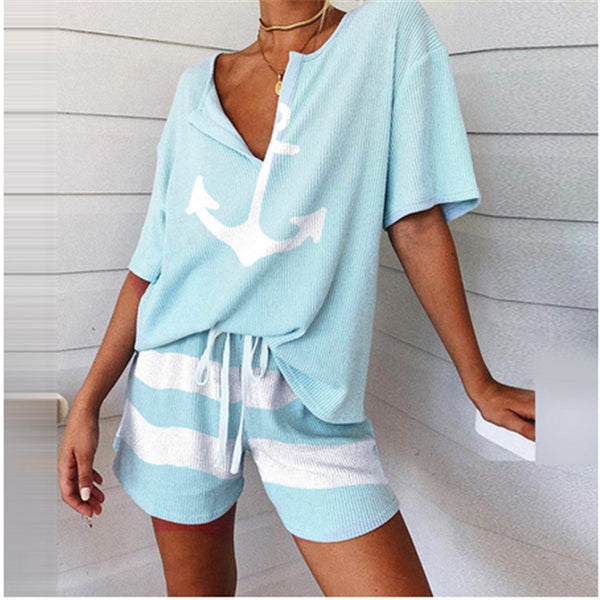 2021 Women's V-Neck Anchor Print Top and Shorts Set