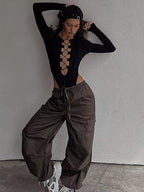 Fashionable Women's V-Neck Hollow-Out Long Sleeve Bodysuit